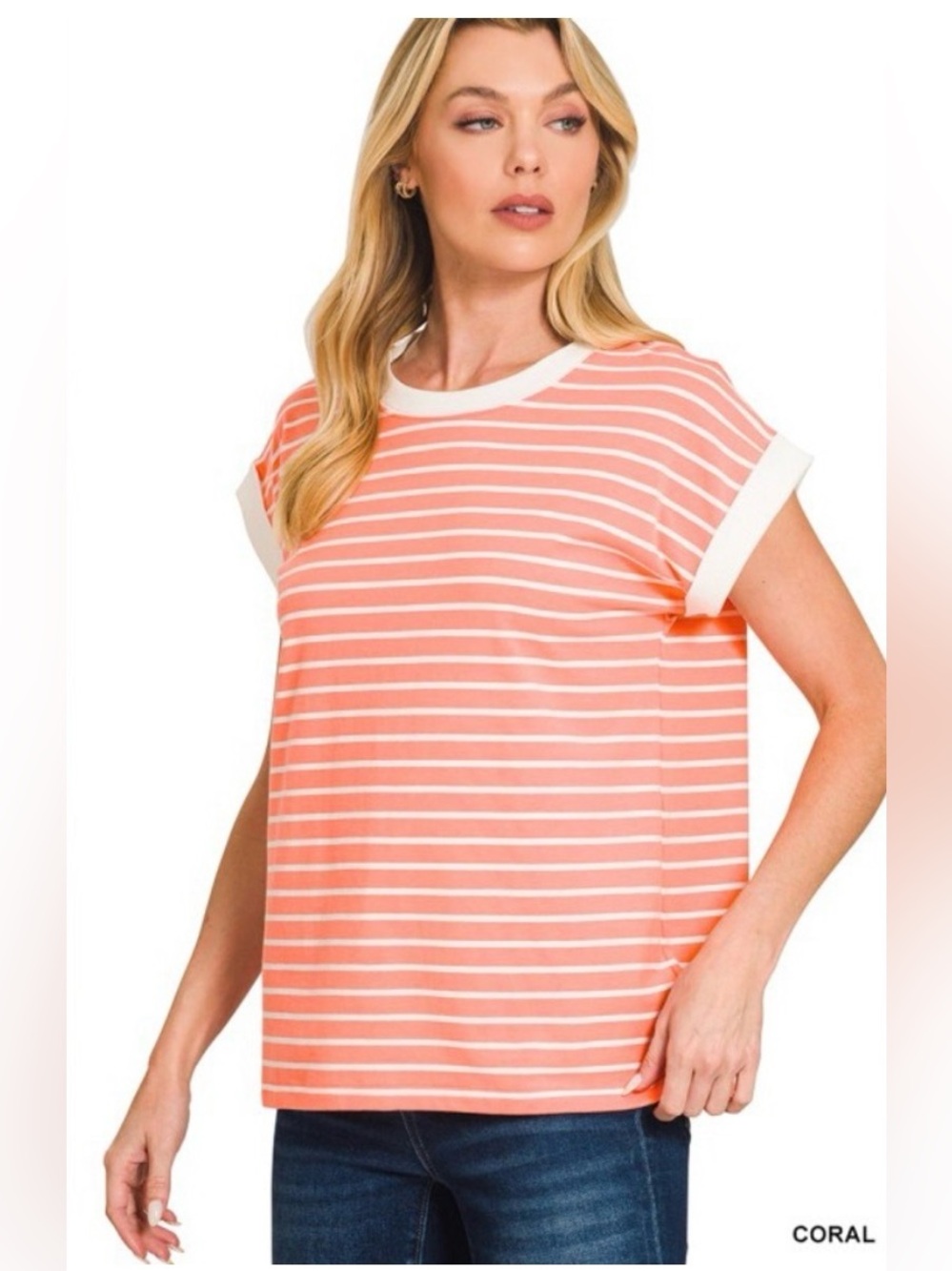 Zenana Boxey Fit Large Coral & White Contrast Trim Cap Sleeve Stripe Tee NWOT